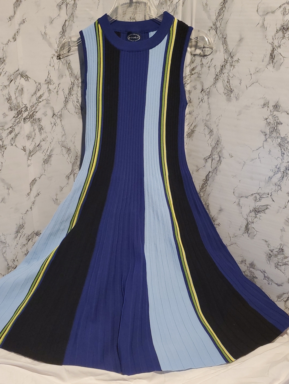 Scoop Stretchy Striped Ribbed Knit Sleeveless Dress in Blue & Black